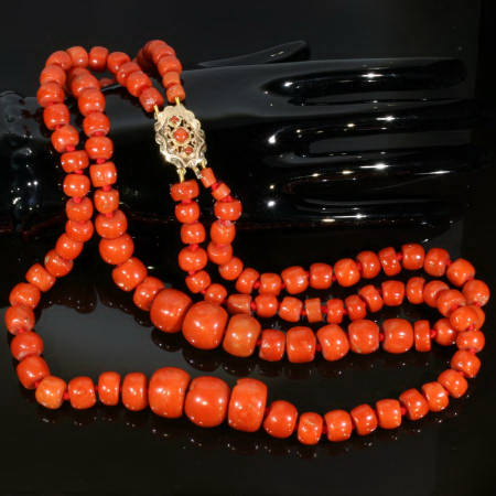 Dutch two string coral bead necklace with extraordinary size beads